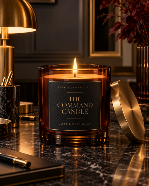 The Command Candle Cashmere Musk amber glass and brushed brass editorial hero